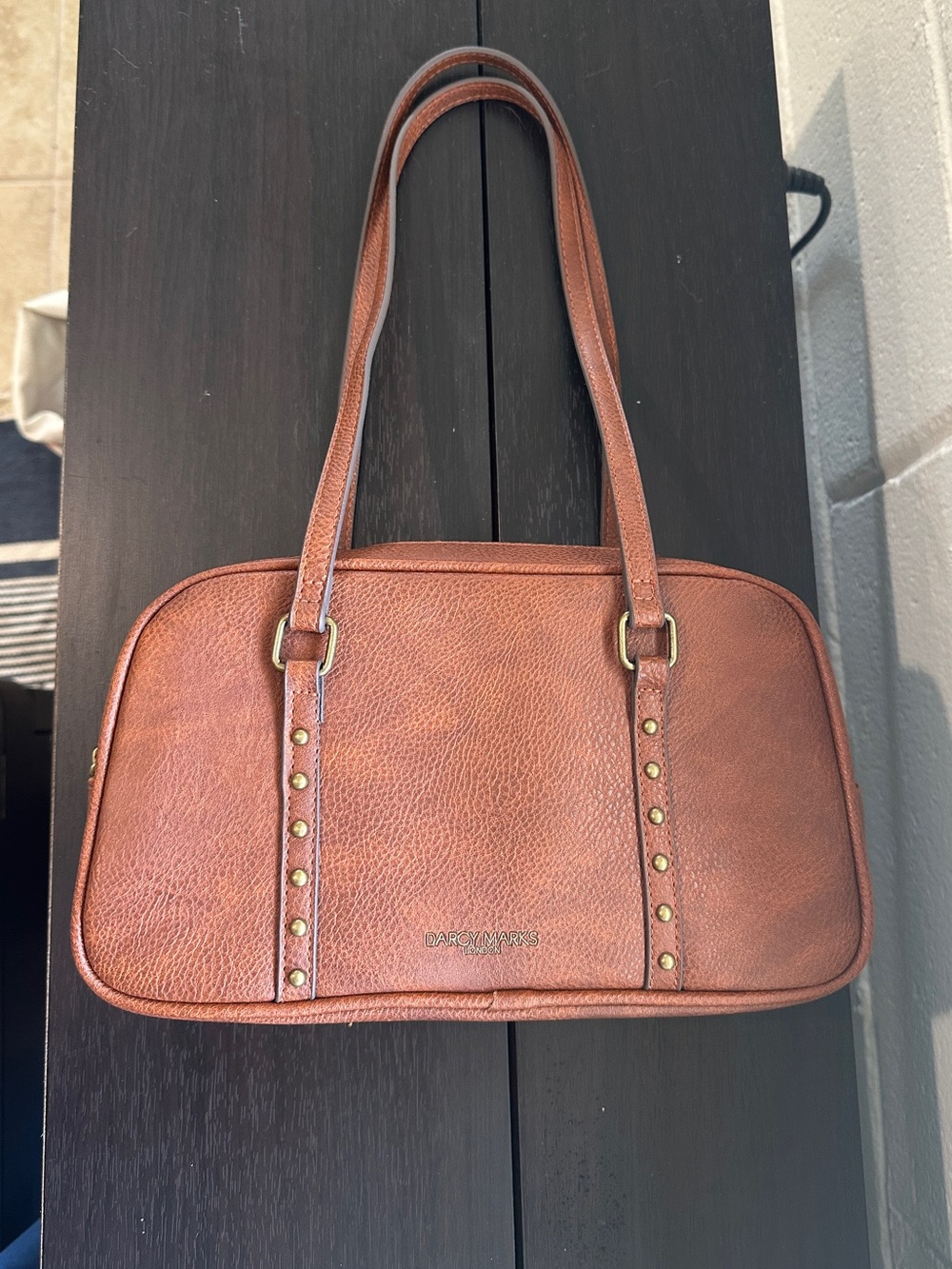 Darcy Marks Brown Leather Shoulder Bag with Gold Stud Accents